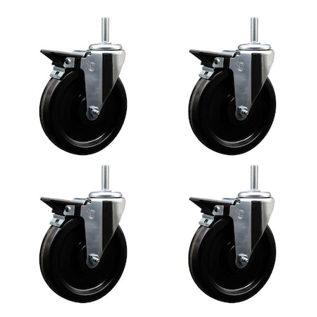 Service Caster 6 Inch Phenolic Wheel Swivel 34 Inch Threaded Stem Caster Set with Brake SCC SCC-TS20S615-PHR-PLB-34212-4